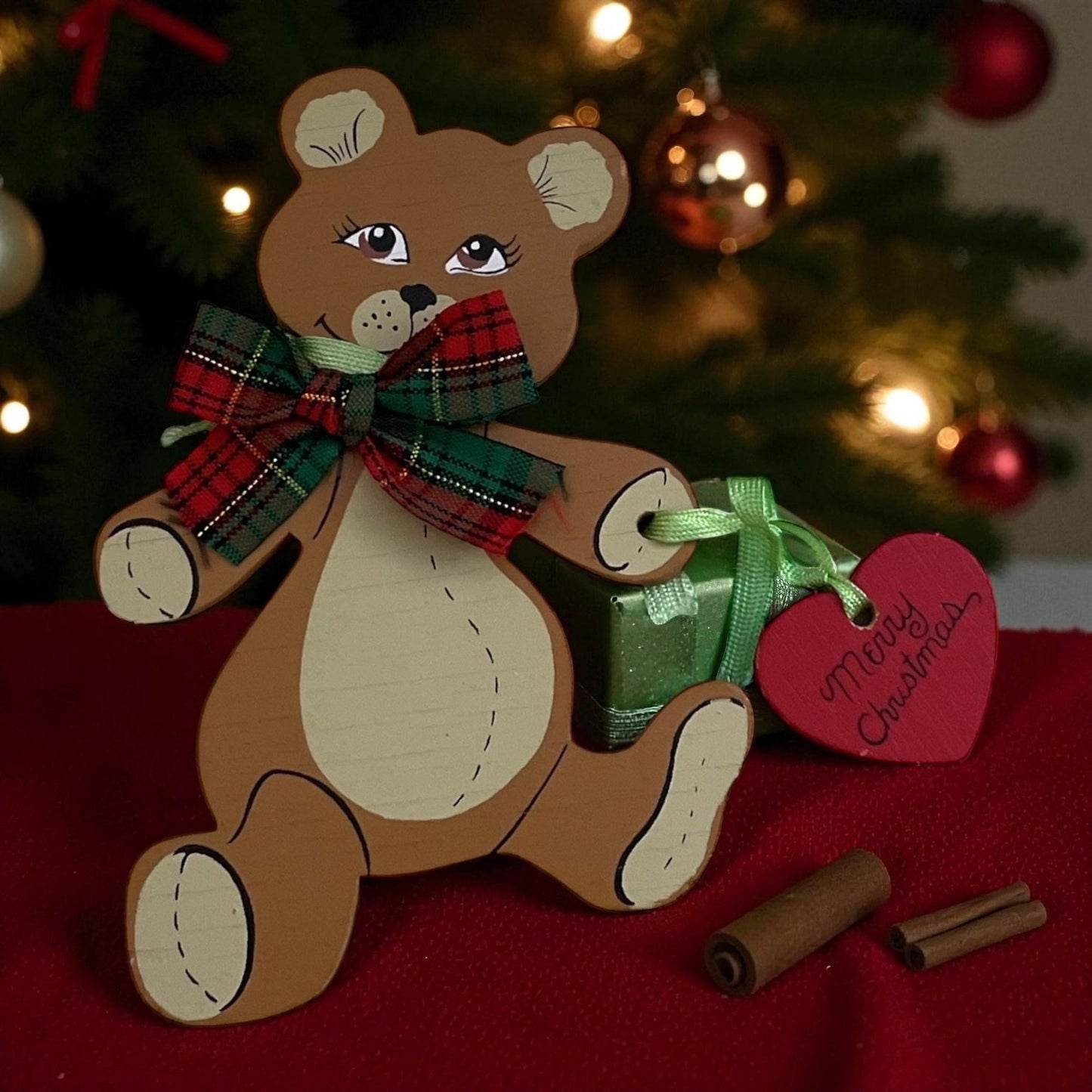 Kurt S. Adler Wooden Teddy Bear Ornament – Vintage Christmas Bear with Plaid Bow & “Merry Christmas” Heart