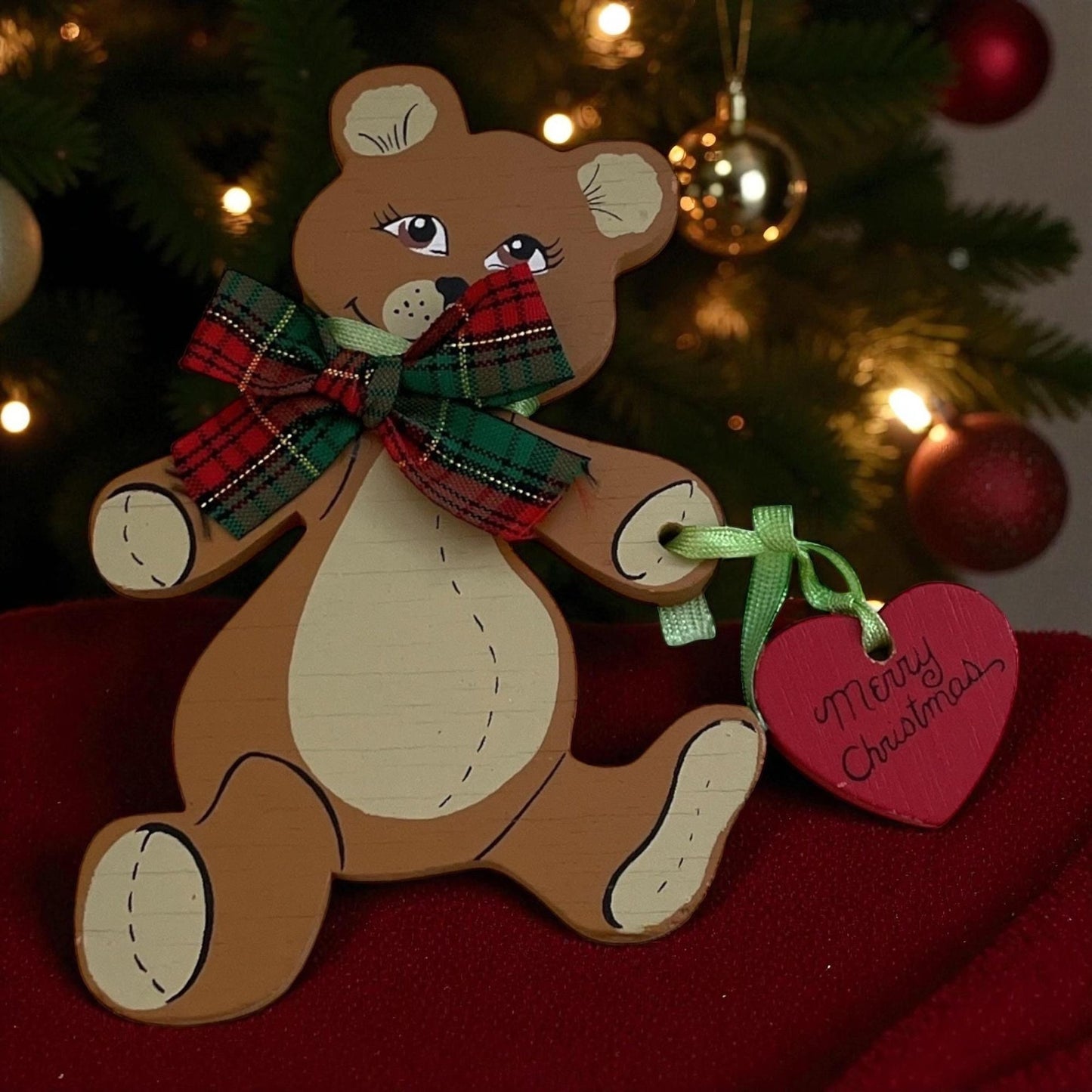 Kurt S. Adler Wooden Teddy Bear Ornament – Vintage Christmas Bear with Plaid Bow & “Merry Christmas” Heart