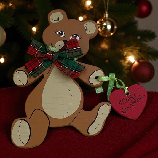 Kurt S. Adler Wooden Teddy Bear Ornament – Vintage Christmas Bear with Plaid Bow & “Merry Christmas” Heart