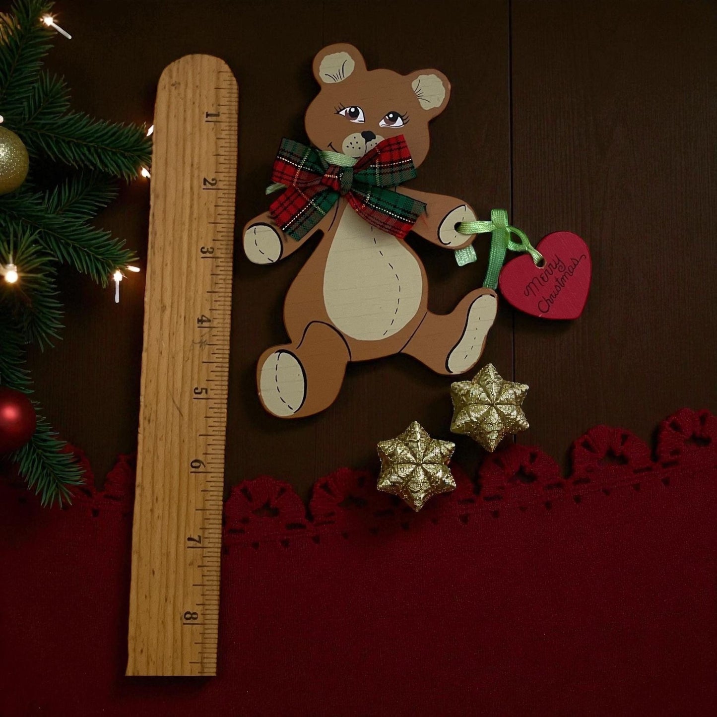 Kurt S. Adler Wooden Teddy Bear Ornament – Vintage Christmas Bear with Plaid Bow & “Merry Christmas” Heart