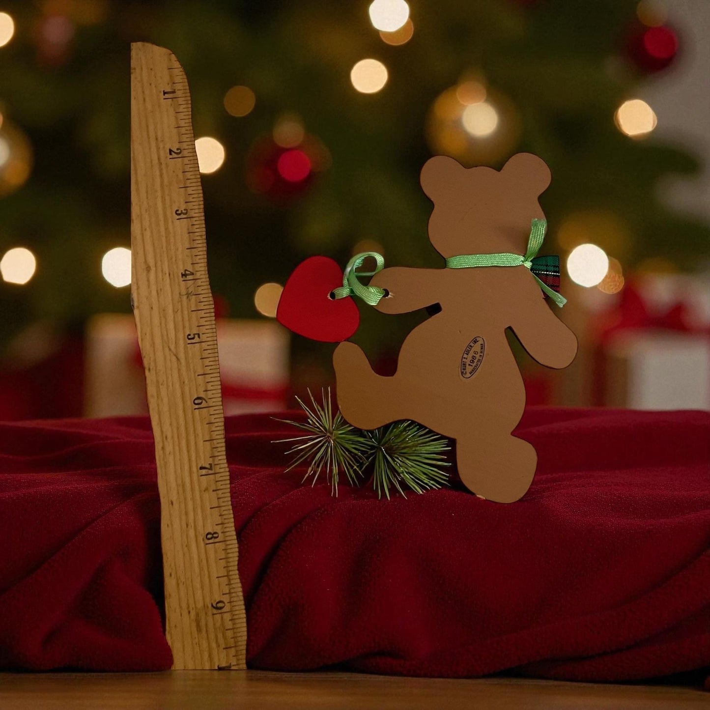 Kurt S. Adler Wooden Teddy Bear Ornament – Vintage Christmas Bear with Plaid Bow & “Merry Christmas” Heart