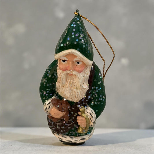 Vintage Resin Green Santa Ornament – Hand-Painted Glitter Father Christmas Holiday Decor