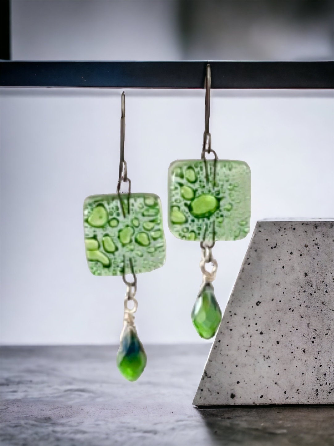 Green blown vintage glass with new faceted green crystal dangle earrings