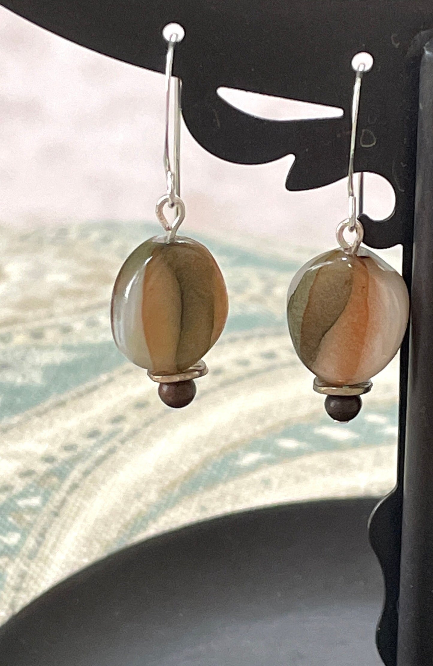 Mixed material dangle earrings - swirled glass, metal, stone, wood - option of sterling silver ear wires