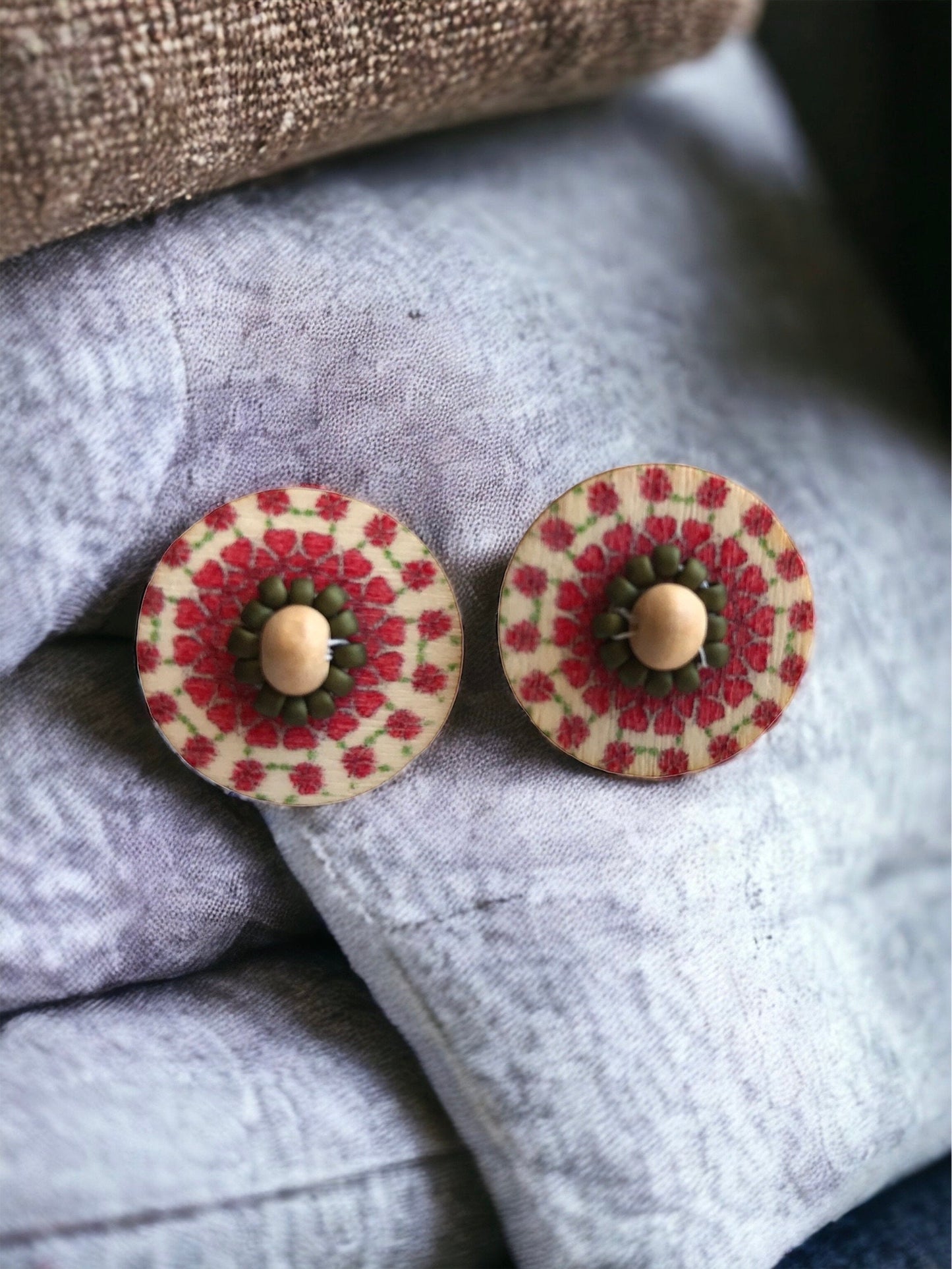Stunning beadwork mandala stud earrings - red, natural tan and brown