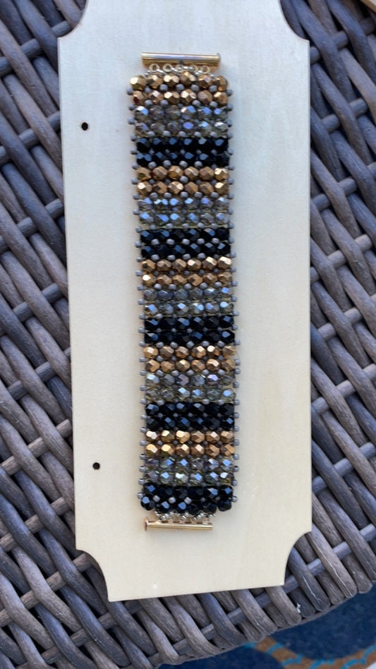 Black, silver and copper crystals absolutely stunning bead woven vintage bracelet - beadwork bracelet