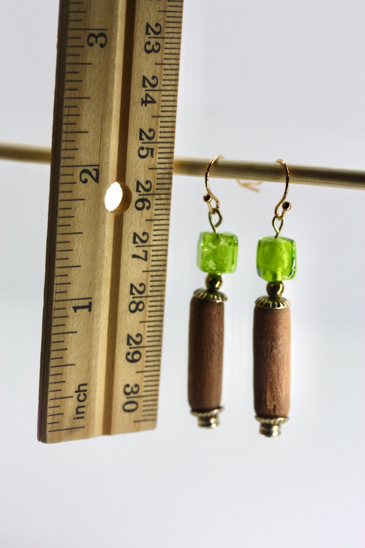 Handmade dangle earrings - lime green upcycled glass cubes with vintage wood tubes and metal elements, goldtone french ear wires