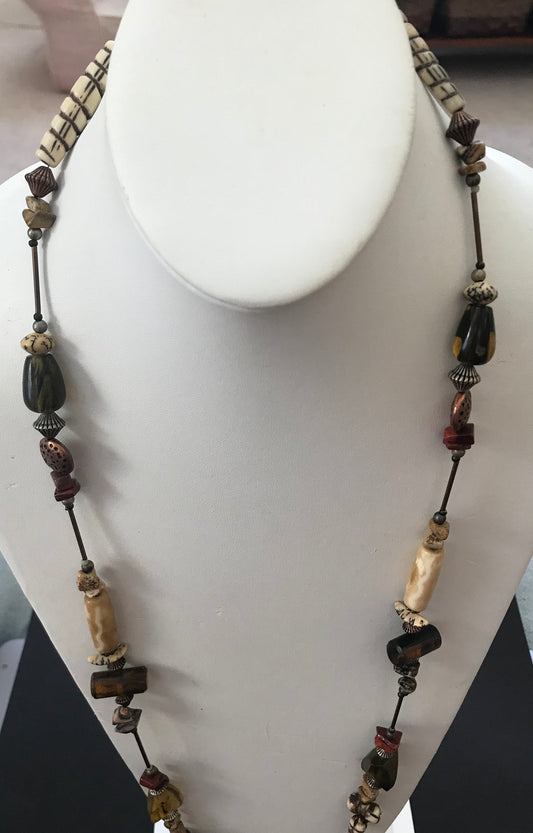 Unique mixed materials vintage tribal necklace - with wood and bone beads - and more - tribal, Native American style