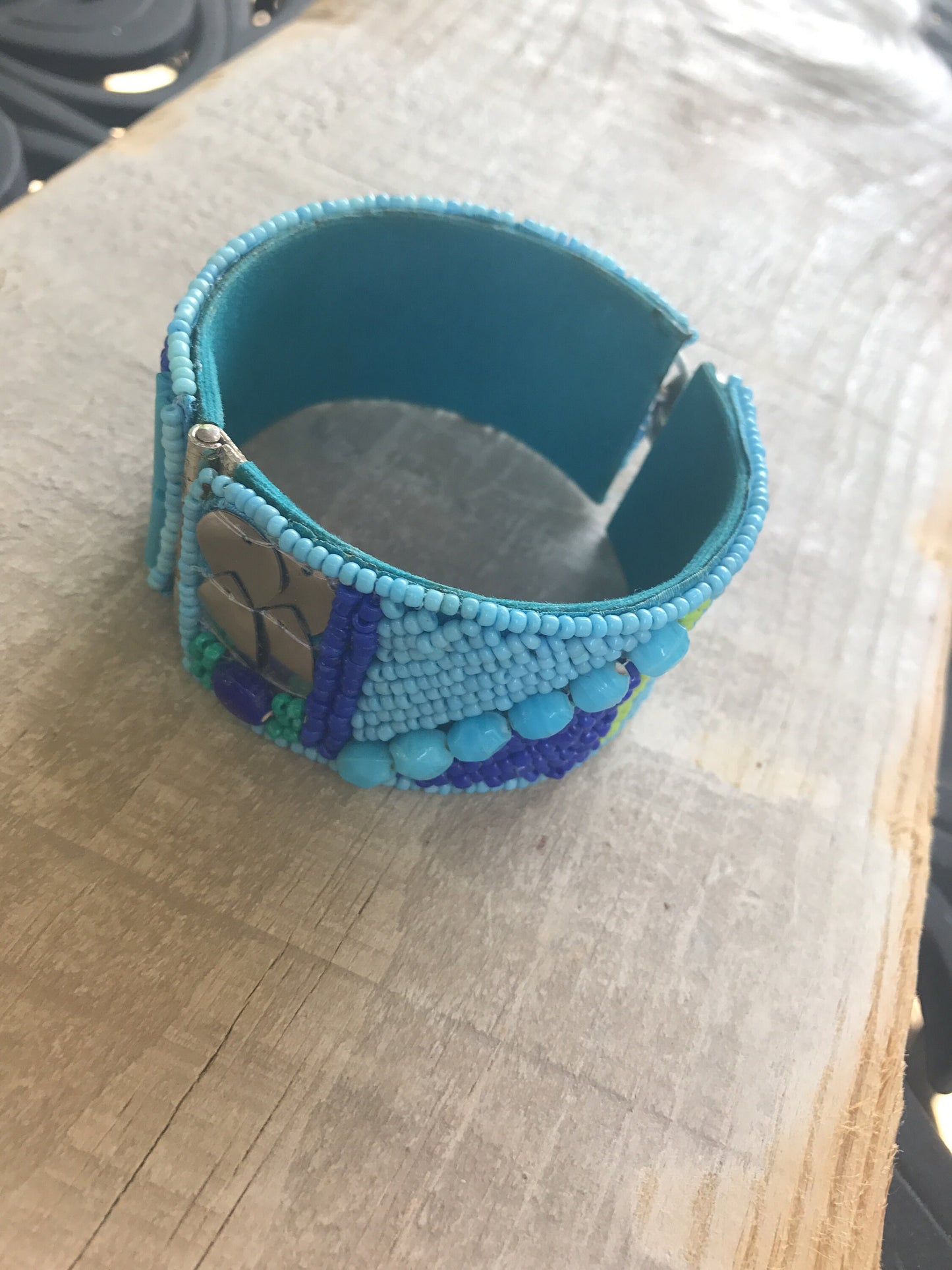 Stunning and unique vintage seed bead and mixed material vintage bracelet - shades of blue - made by Sally C