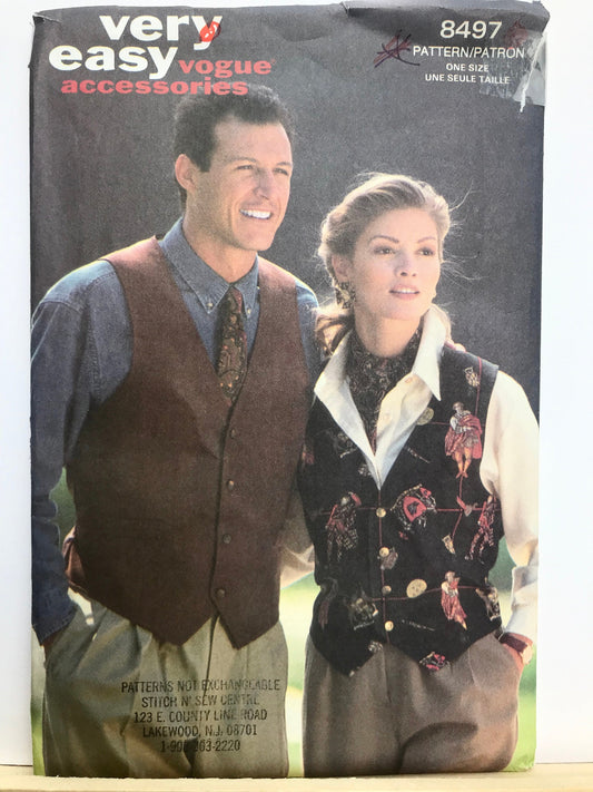 UNCUT Sewing Pattern - Vogue Vest Pattern 8497 - Men's or Misses' Unisex Vest, Tie & Ascot - Very Easy Vogue Accessories - One Size Pattern