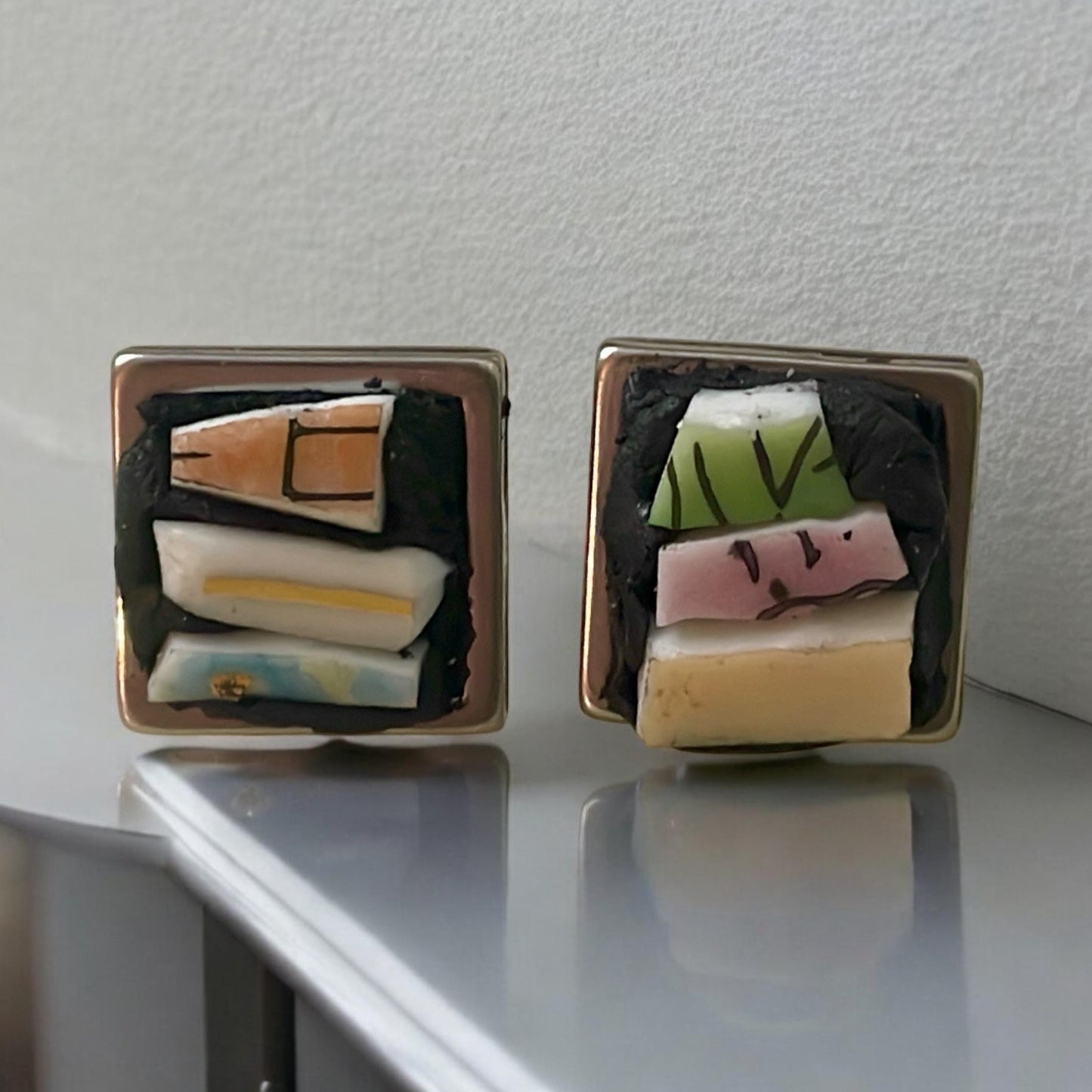 Handmade Mosaic Square Stud Earrings - Vintage Dish Abstract Design