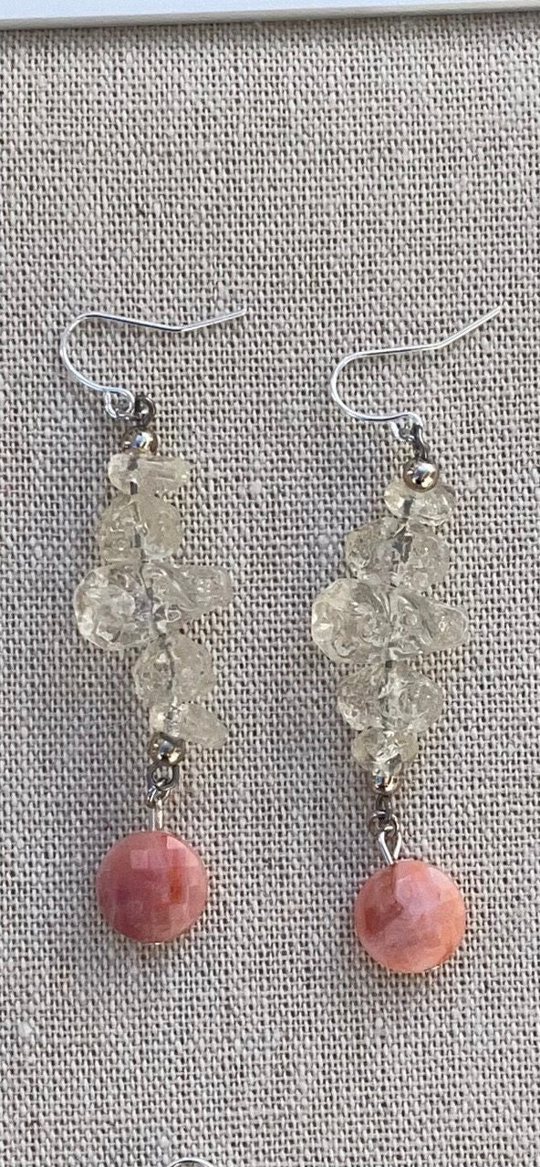 Unique dangle earrings made with new and vintage mixed materials - "pink drops on ice"