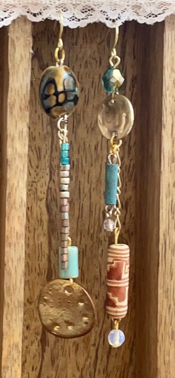 One-of-a-kind handmade mismatched mixed material long dangle earrings - vintage and new material - metal, shell, glass, clay