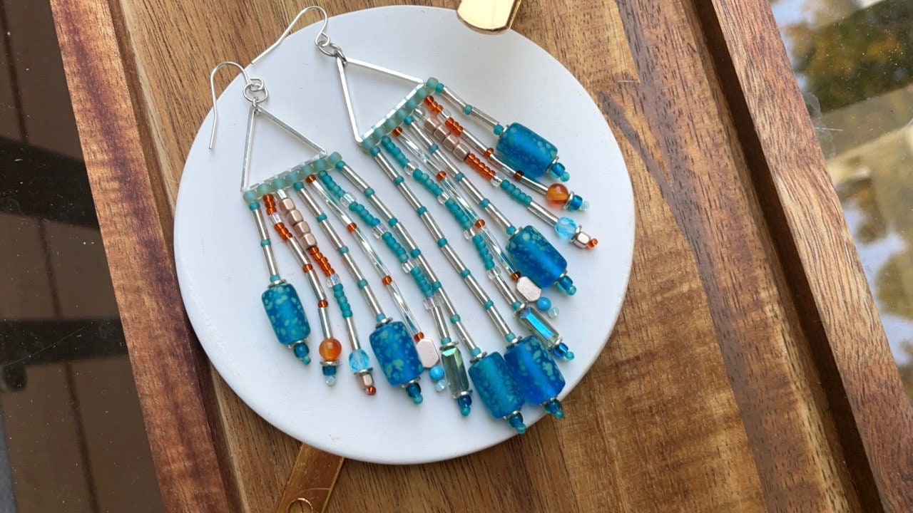 Hand beaded stunning dangle mixed material long statement beadwork earrings - art glass, crystal, metal, semi precious stone, seed beads
