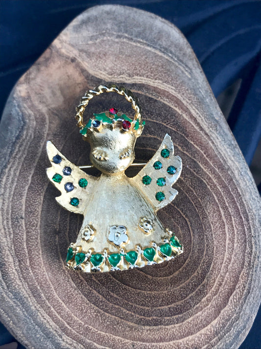 Vintage angel pin - goldtone with rhinestones - just a bit of a fixer upper