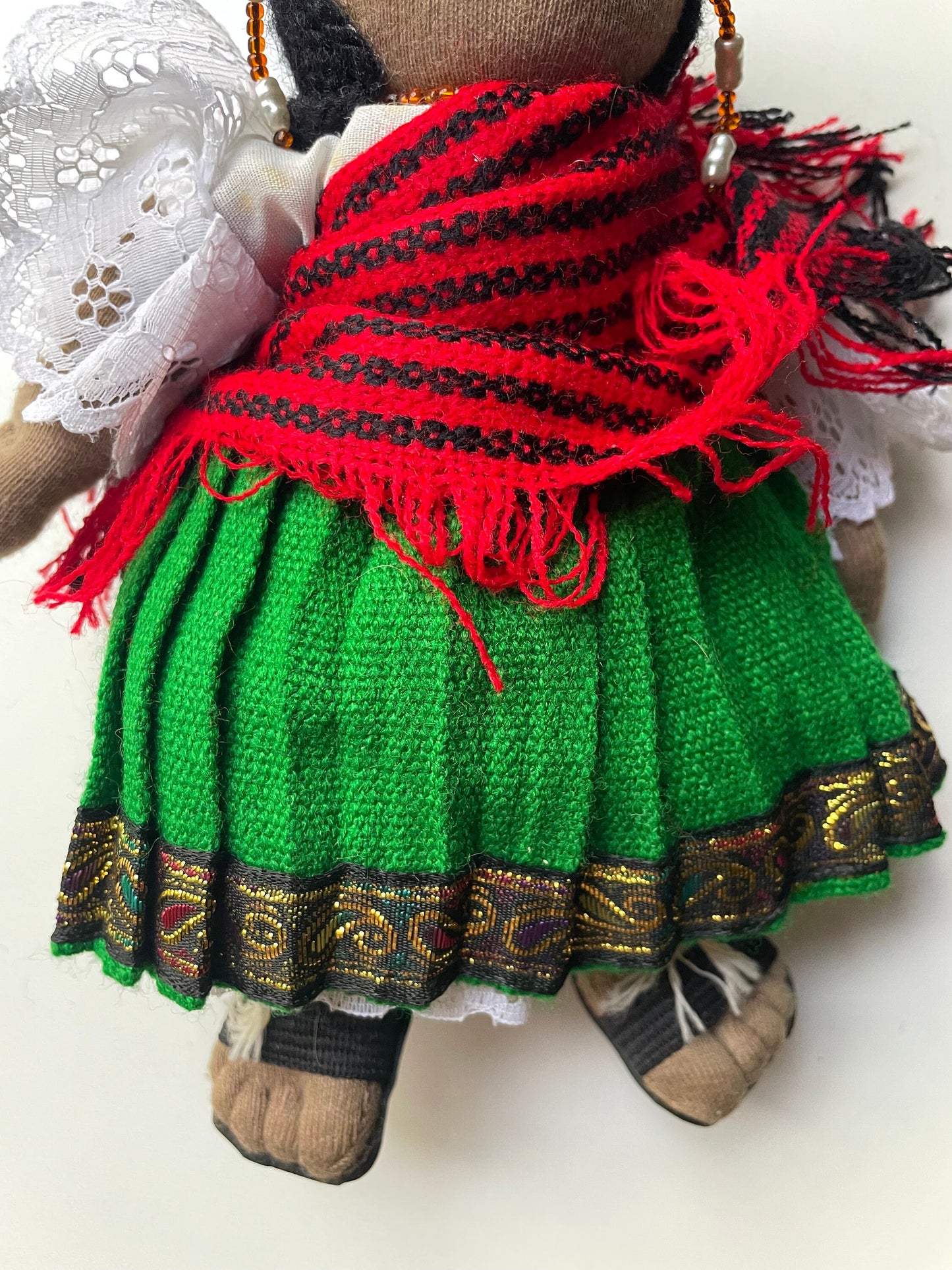 Stunning vintage Mexican? girl doll with braids, sandals and traditional clothing