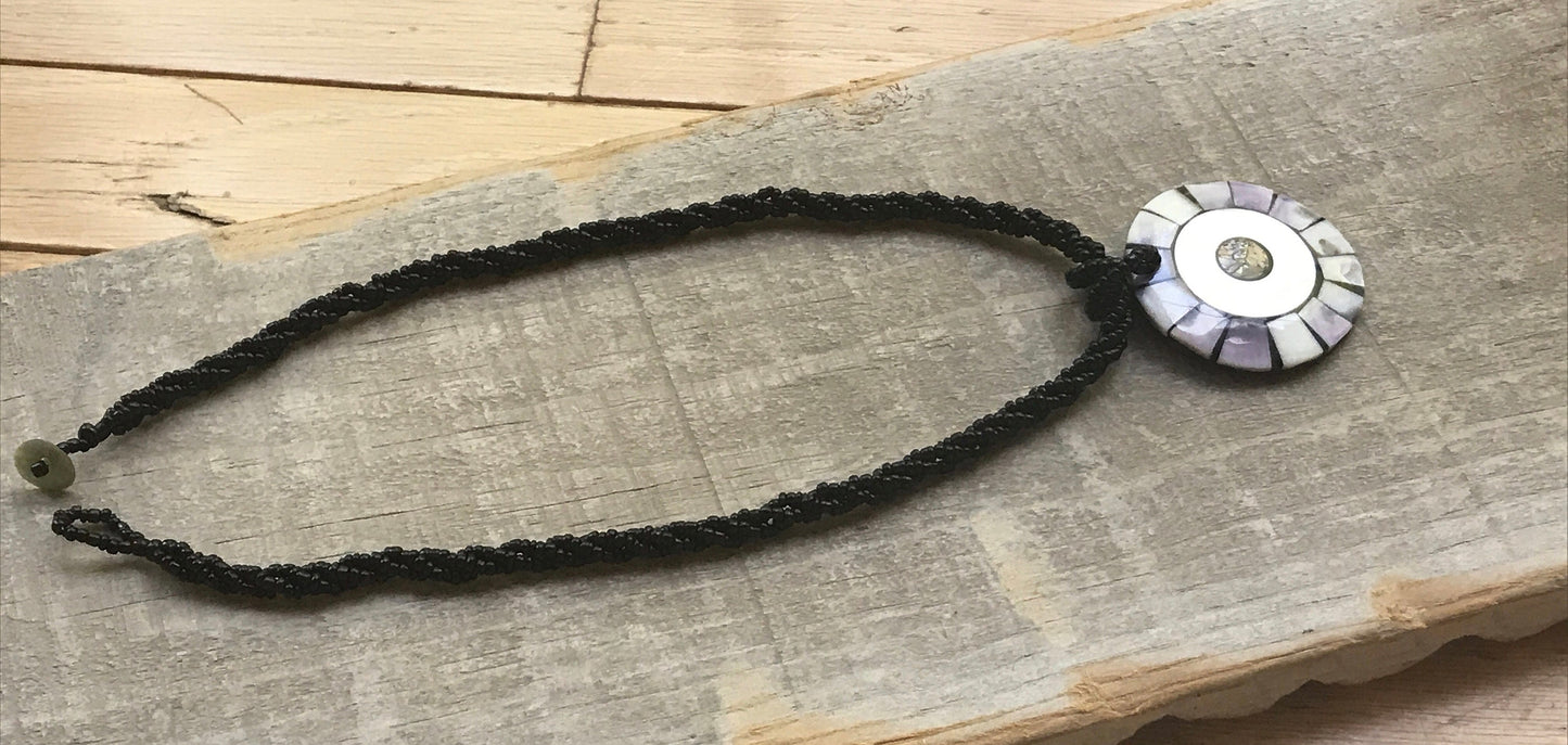 Vintage inlaid abalone and lavender mother of pearl on black multi strand seed beaded necklace