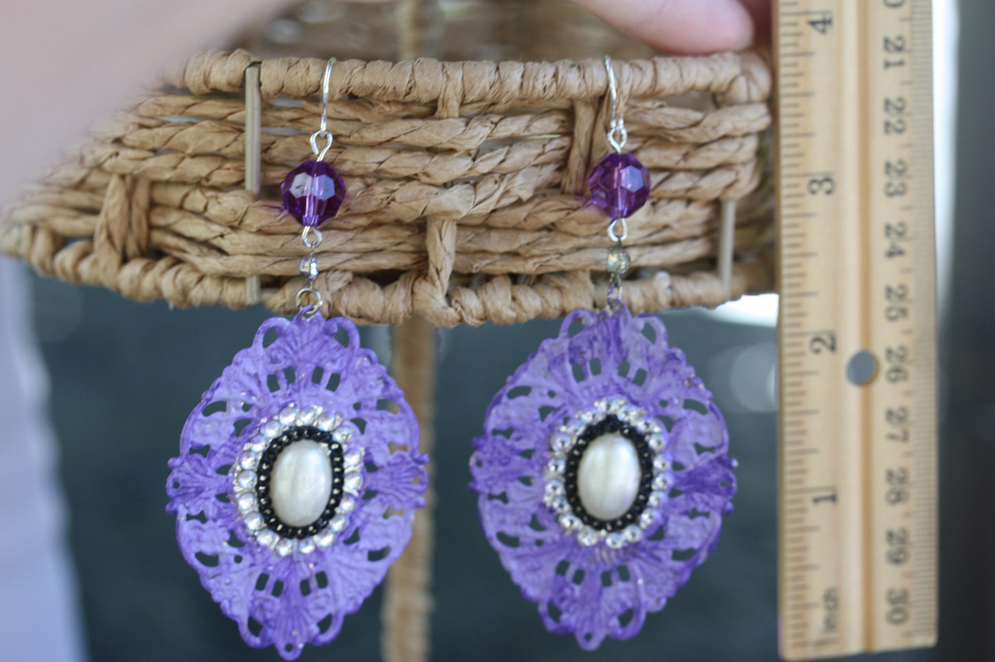 Purple, rhinestone and faux pearl mixed material dangle earrings