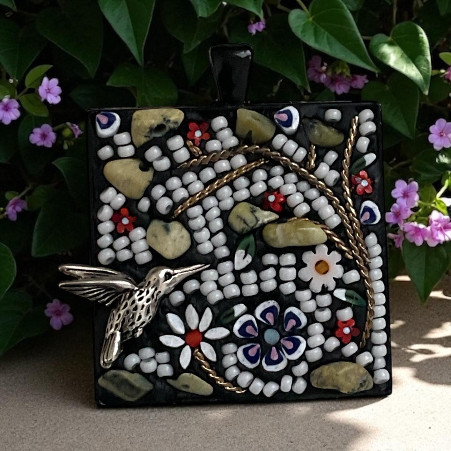 Nature-inspired necklace - handmade with hand cut inlaid murrini glass, seed beads, metal, gemstone chips and mixed materials - 1 & 1/2"