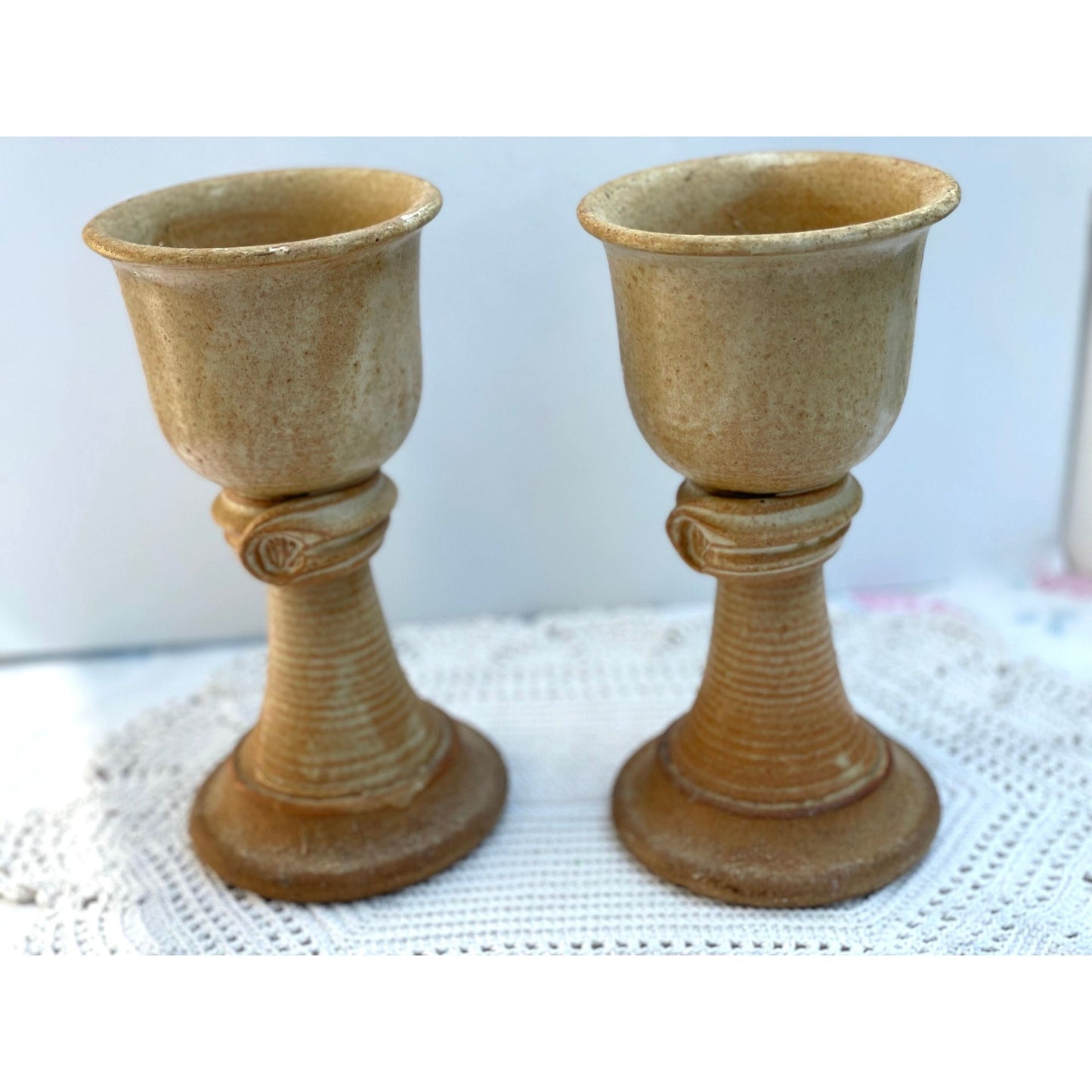 Pair of stunning vintage artisan pottery goblets