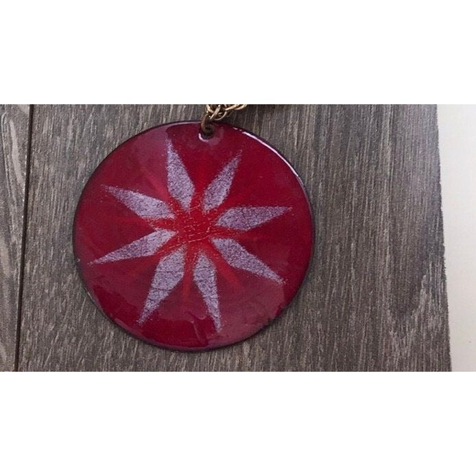 Unique mid century modern vintage enamel on copper necklace - red