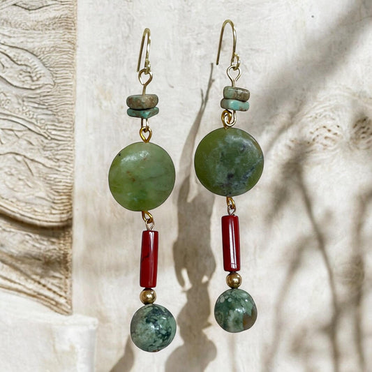 Olive jade, turquoise chips and red stone tubular handmade dangle earrings - Handmade Boho Gemstone Jewelry | Gift for Her