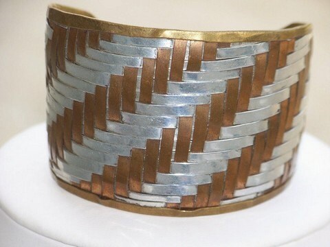 Mixed metal Basketweave hand woven copper & silver stunning vintage artisan cuff bracelet
