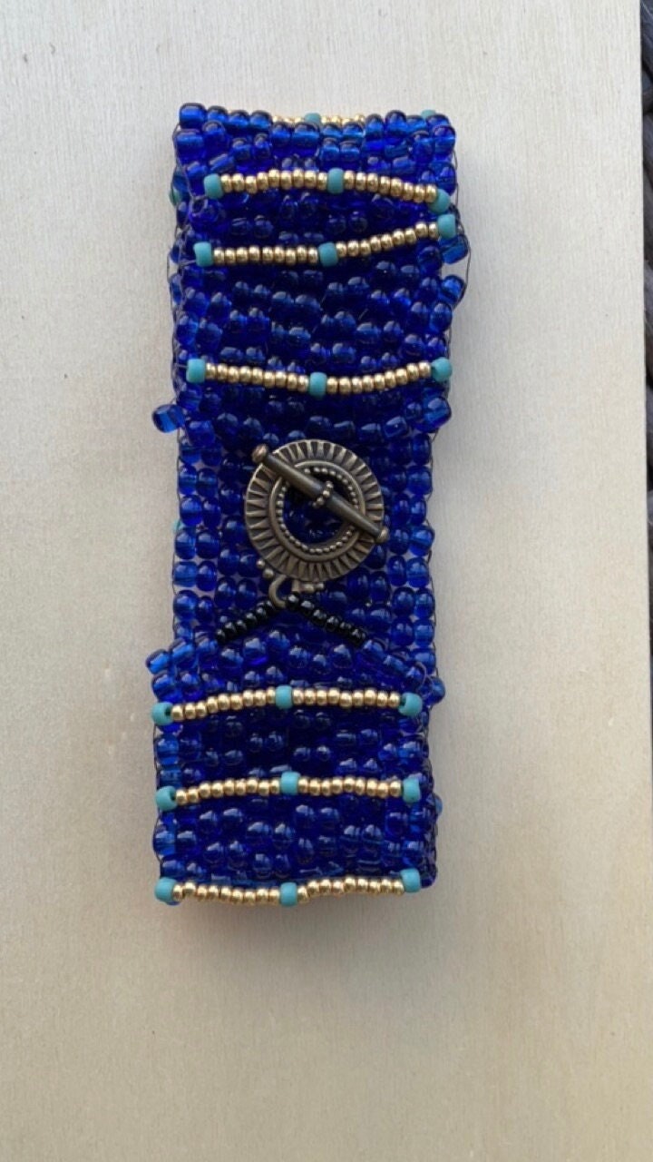 Stunning vintage royal blue, turquoise and gold handmade bead woven vintage beadwork bracelet