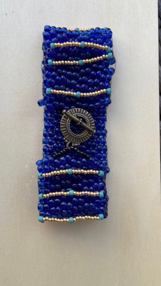 Stunning vintage royal blue, turquoise and gold handmade bead woven vintage beadwork bracelet