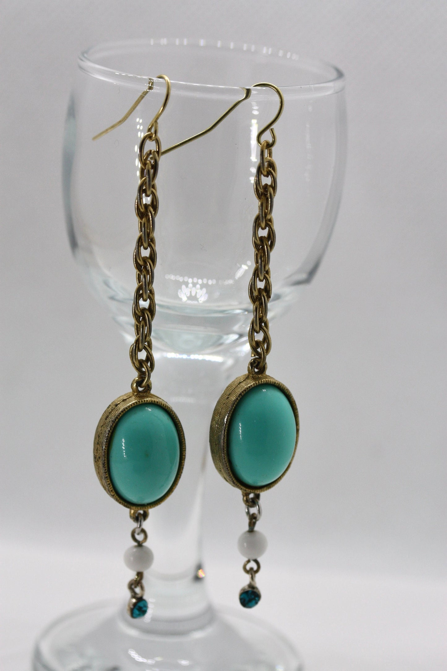 Handmade mixed material dangle earrings made of vintage and new materials - turquoise dangles with white glass and blue rhinestones