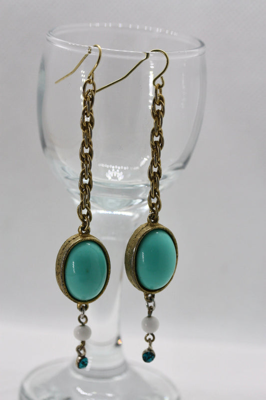 Handmade mixed material dangle earrings made of vintage and new materials - turquoise dangles with white glass and blue rhinestones