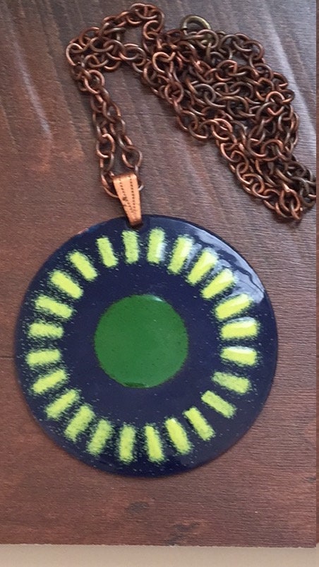 Unique mid century modern vintage enamel on copper necklace - blue, green and yellow