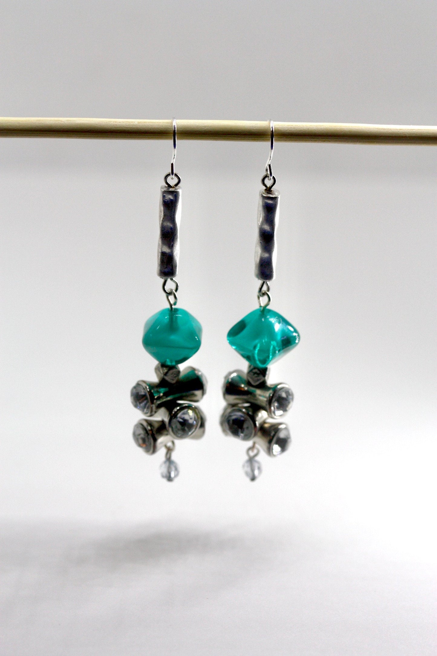 Handmade dangle earrings - sterling silver ear wires, turquoise glass, rhinestone vintage beads, crystal drops, hammered silvertone bars
