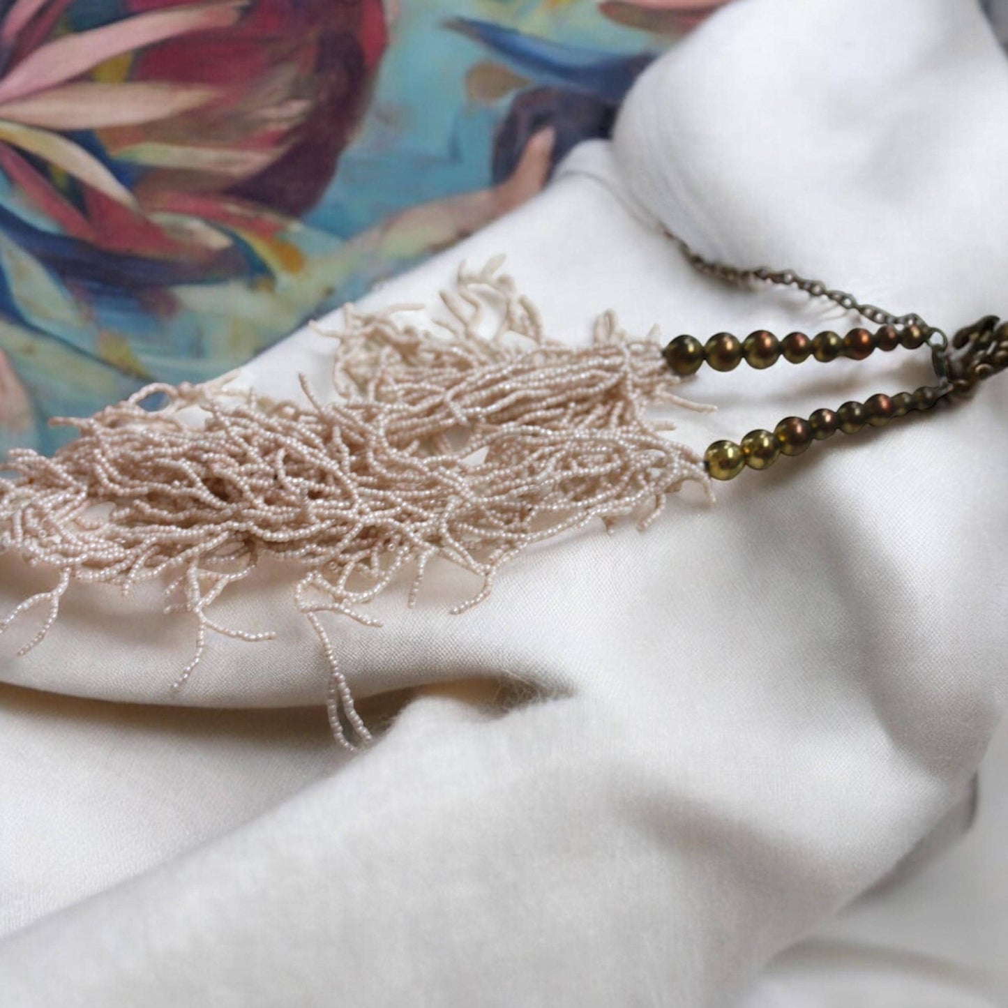 Stunning Cream Color Beaded Fringe Statement Necklace with hundreds of tiny glass seed beads