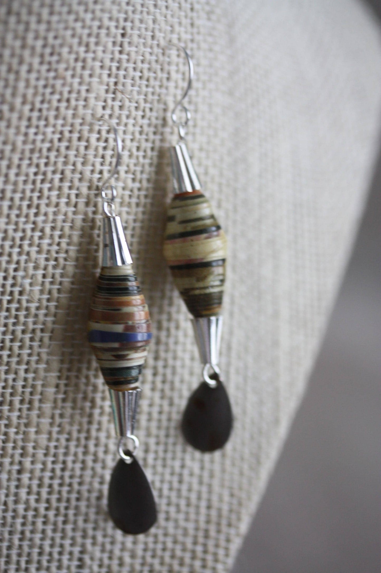 Oval rolled paper with cone metal caps and teardrop dangles - handmade earrings - 2" long