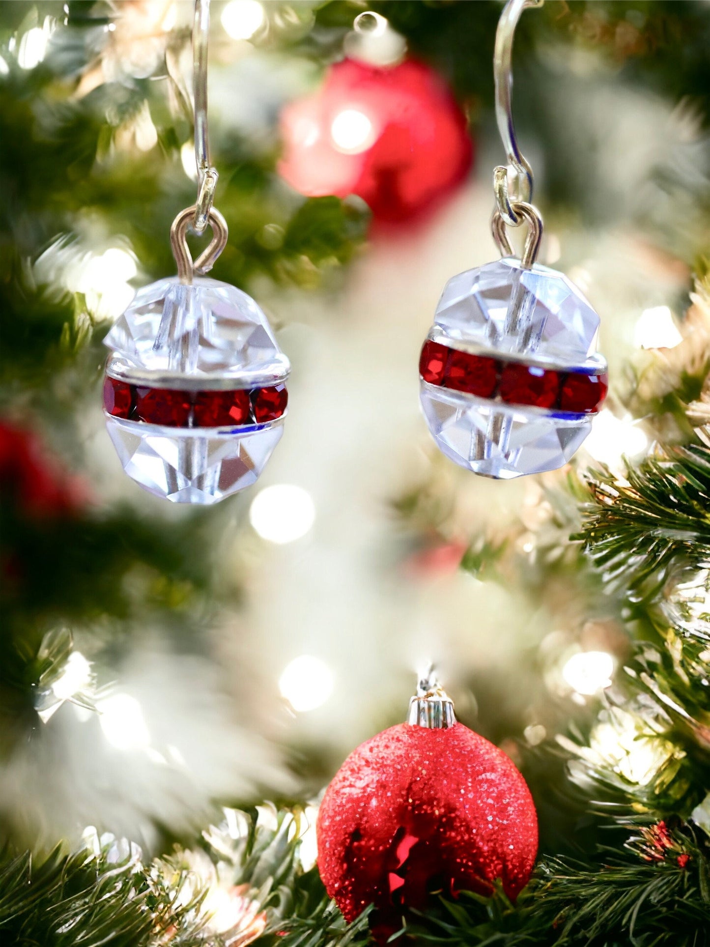 Handmade crystal Christmas ball earrings - made with uniquely domed vintage glass crystal and red rhinestone rondelles