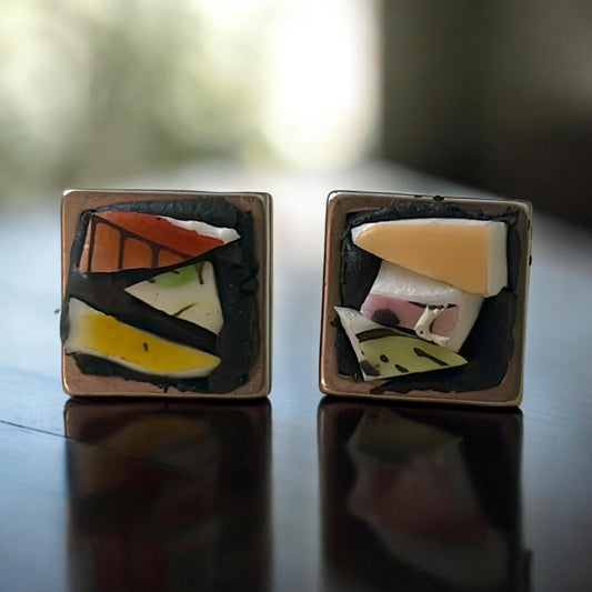 Handmade Mosaic Square Stud Earrings - Vintage Dish Abstract Design