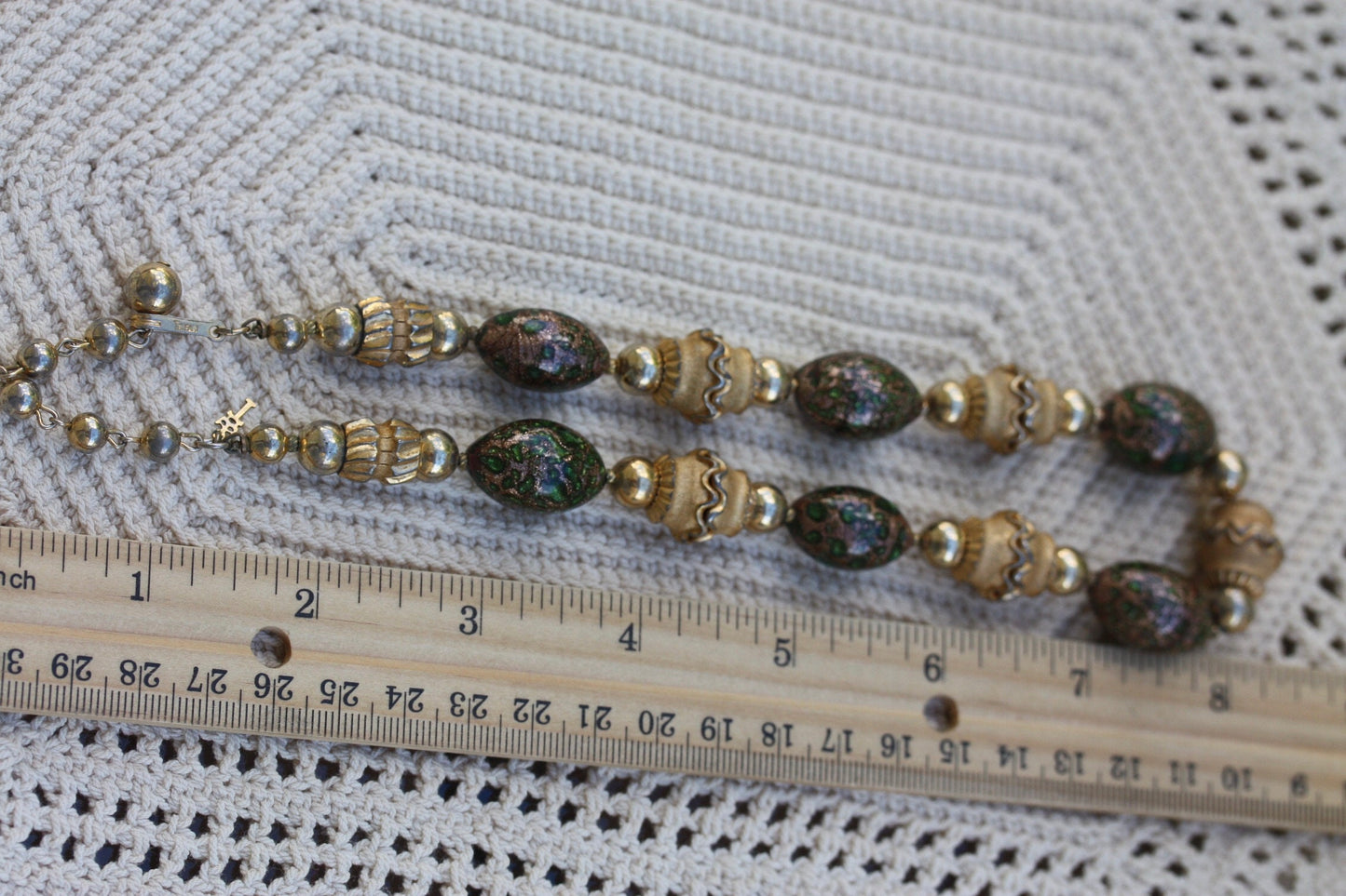 Rare Crown Trifari 1950's Murano Glass Beaded Etruscan Style Necklace - green and gold