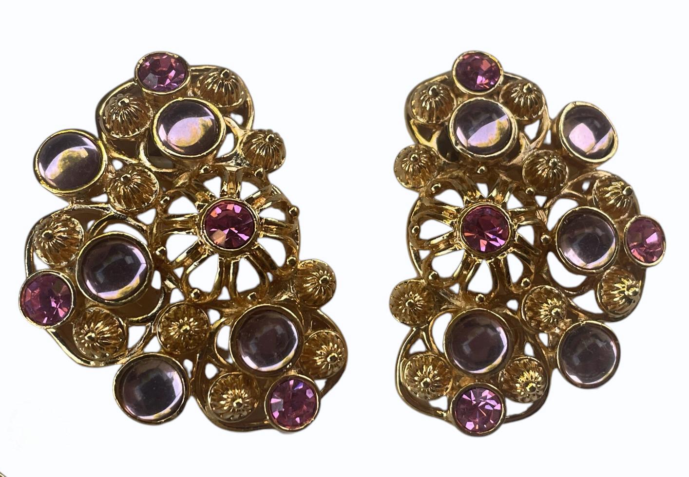 1992 Signed Barrera for Avon Marbella Necklace & Clip-On Earrings Set | Gold Tone Pink and Lavender Cabochon Designer Jewelry