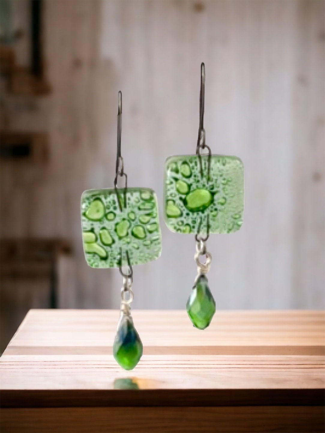 Green blown vintage glass with new faceted green crystal dangle earrings