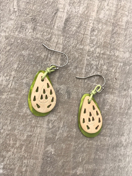 Unique lime green abalone & etched wood vintage dangle earrings