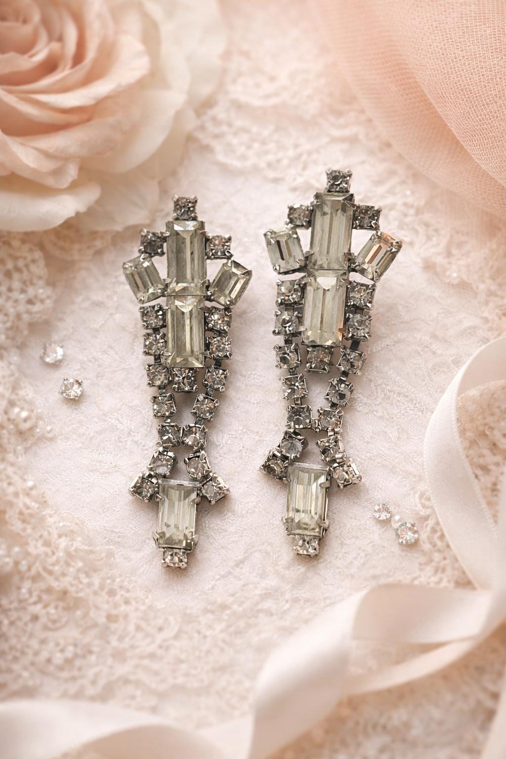 Vintage Rhinestone Clip On Earrings | Clear Baguette & Round Rhinestones | Art Deco Style Statement Earrings | Silver Tone
