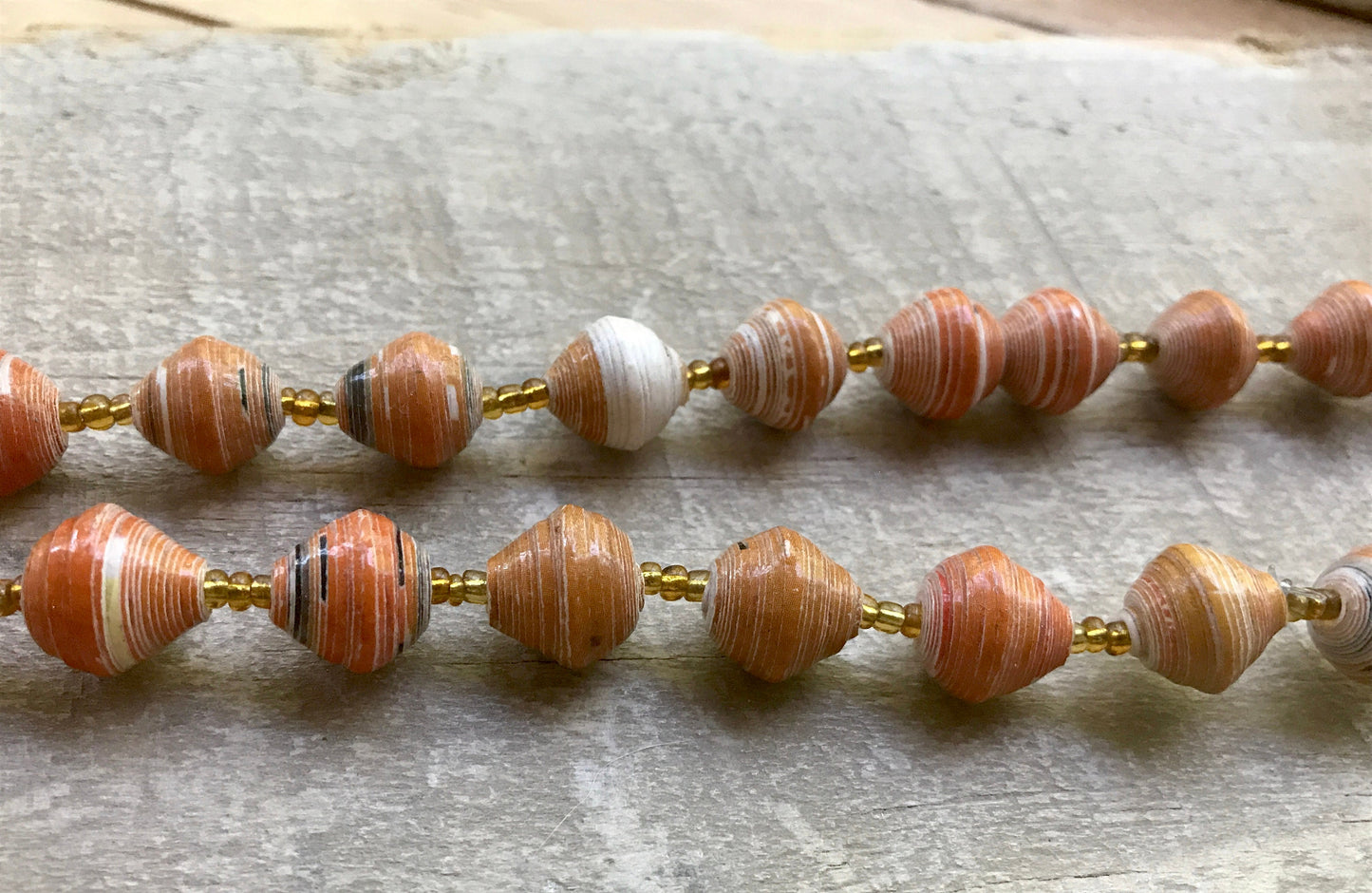 Unique orange vintage artisan necklace - beads look like porcelain but are actually made of rolled paper that's been painted & sealed