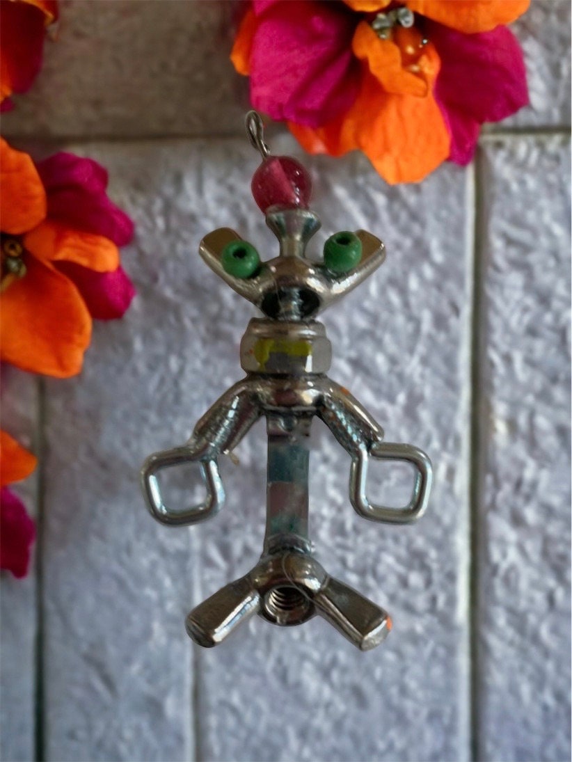 Meet "Herman" -  mixed media robot made of hardware - nails, screws, bolts with small wood/glass embellishments - pin or necklace pendant