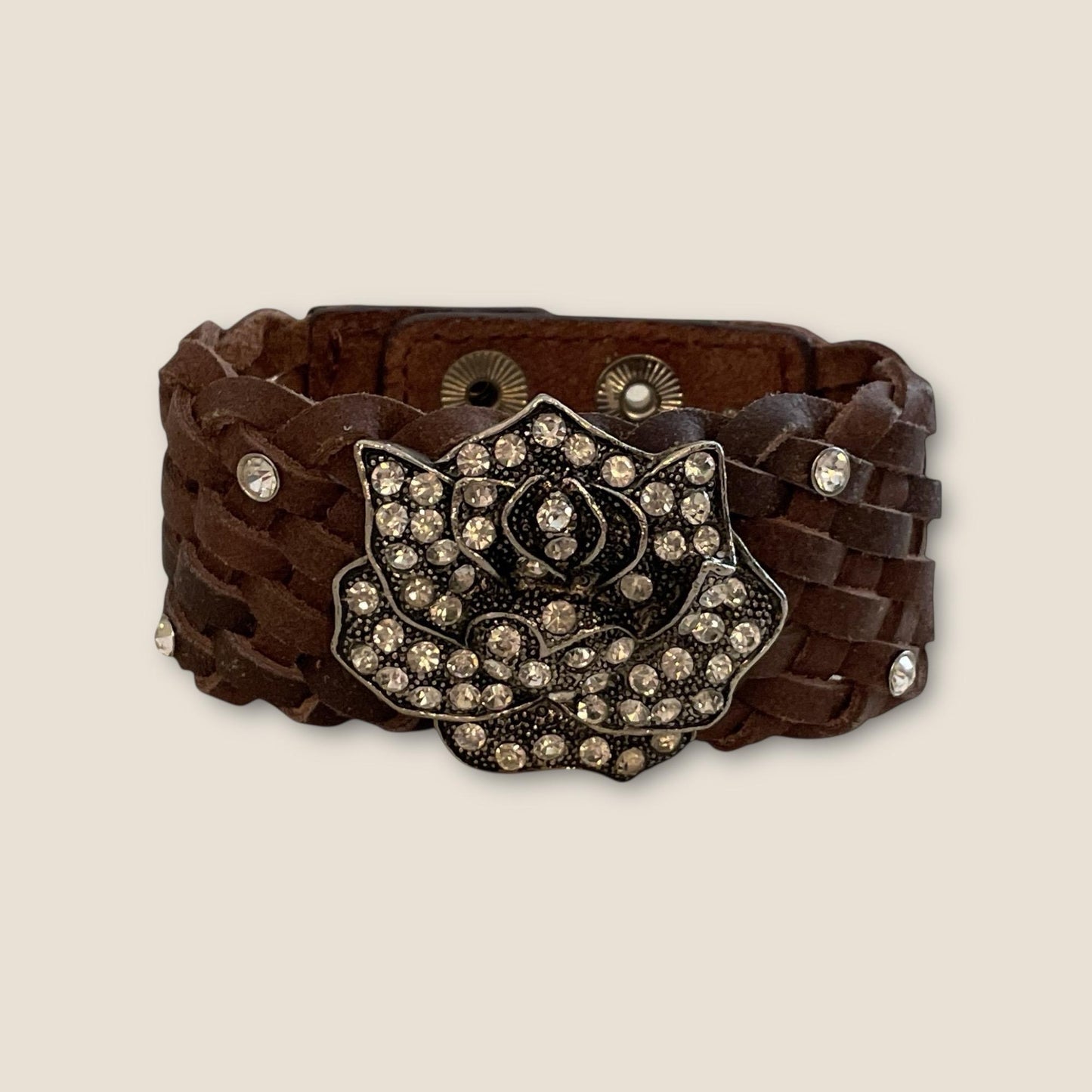 Charming Charlie Silver-Tone Leather Bracelet with Rhinestone Rose – Floral Statement Jewelry