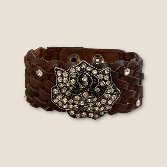 Charming Charlie Silver-Tone Leather Bracelet with Rhinestone Rose – Floral Statement Jewelry