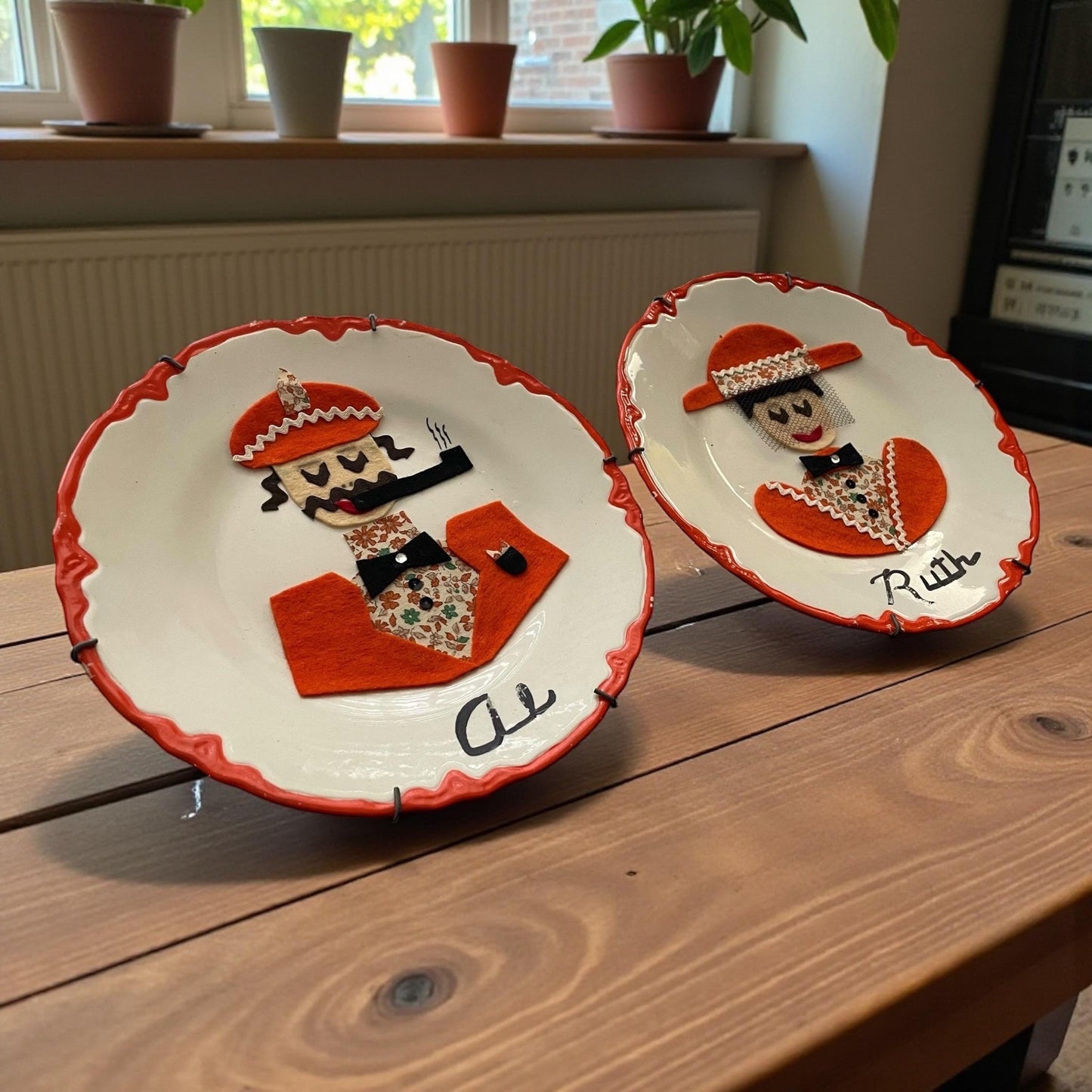 Vintage Felt Art Wall Plates, Retro Folk Art, Mid Century Wall Hanging Set - possibly the most charming portrait plates!  Meet RUTH & AL
