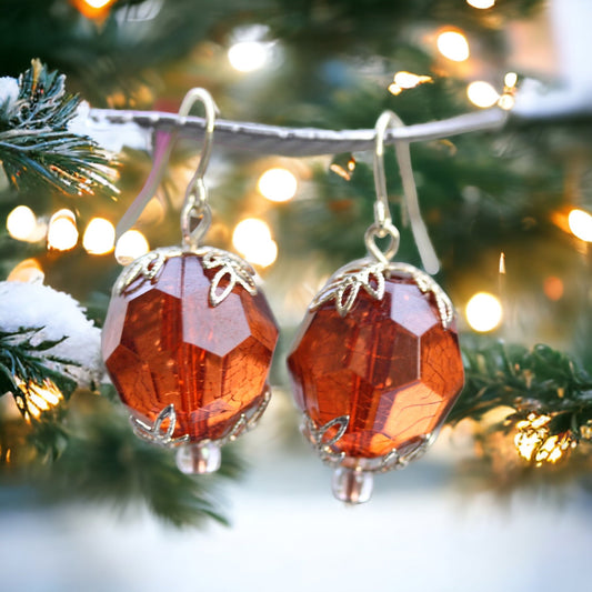 Simple gold faceted crystal dangle earrings with upcycled vintage gold leaf bead caps