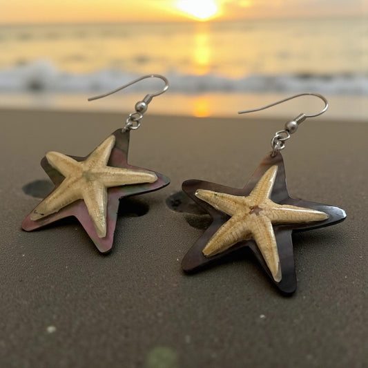 Vintage Starfish Earrings with Abalone Shell Backing – Unique Coastal Jewelry – Boho Chic Beach Earrings