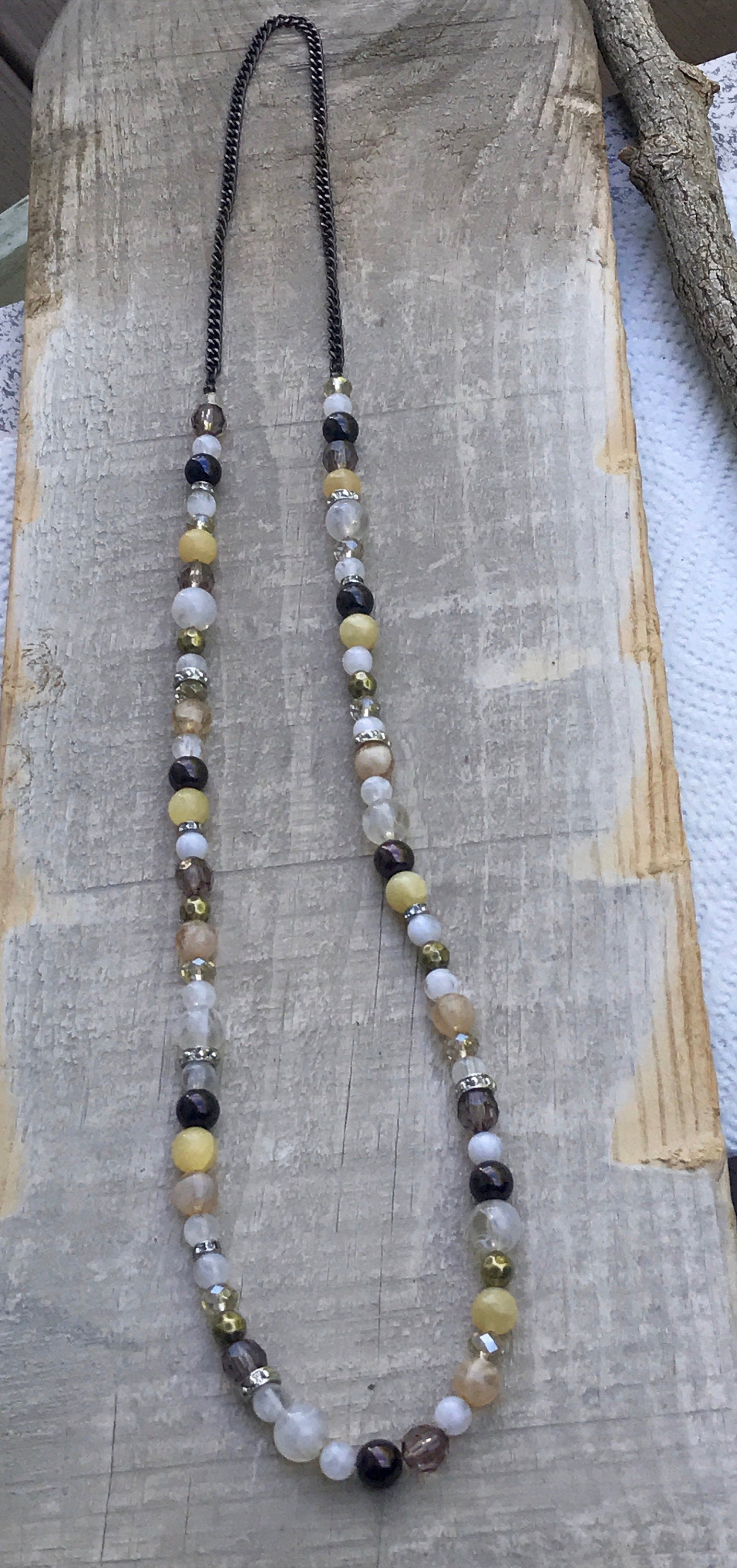 Long vintage beaded necklace - mixed material - swirled glass, crystal, metal, rhinestone, spacers